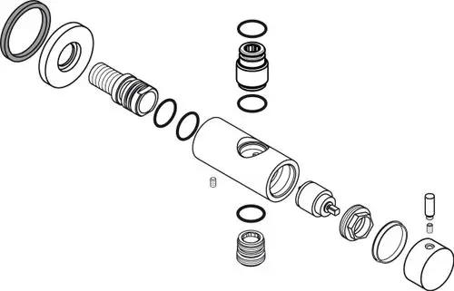 Zerlegtes Diagramm von einem Ideal Standard Innenkörper mit verschiedenen Komponenten, einschließlich Dichtungen, Schrauben und einem Zylinder.
